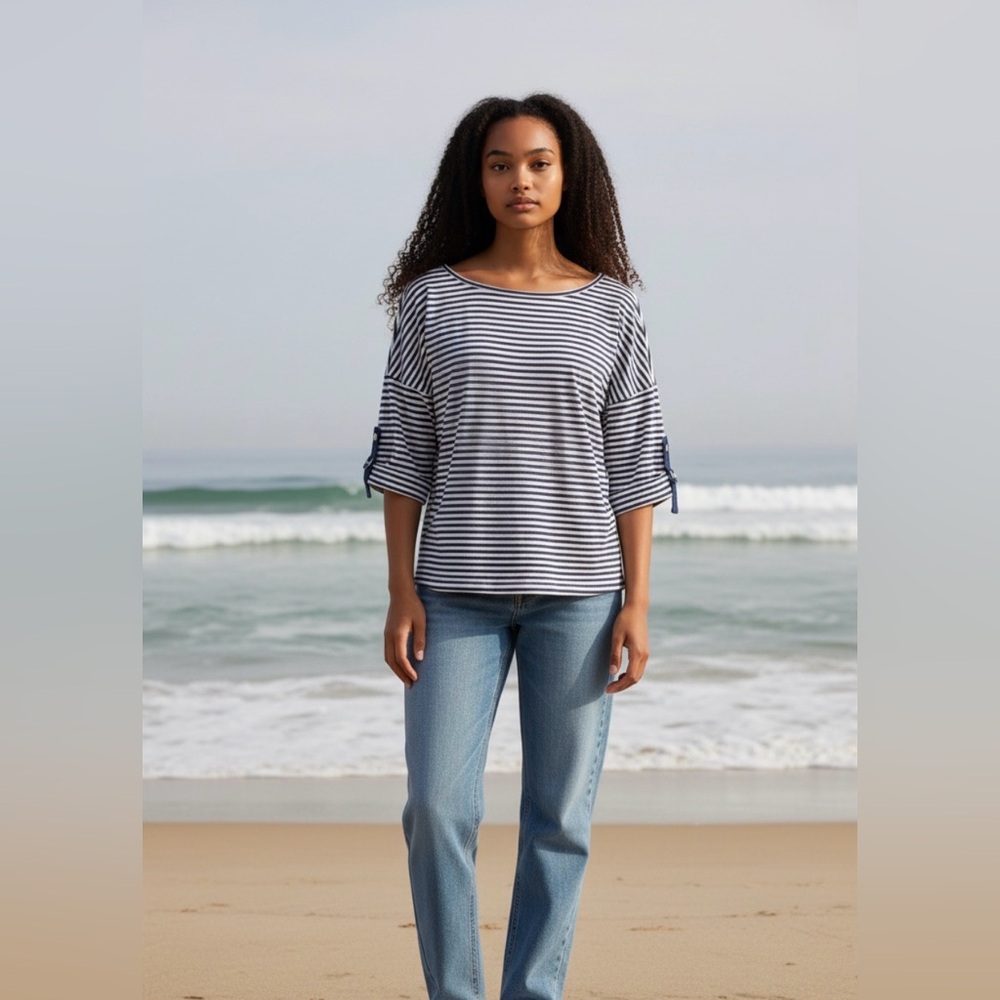 Olive + Oak navy blue and white striped 3/4 sleeve top